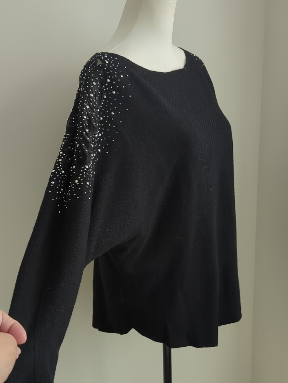 Vila Milano Black Shoulder Lace Rhinestone Embellished Boatneck Sweater XL